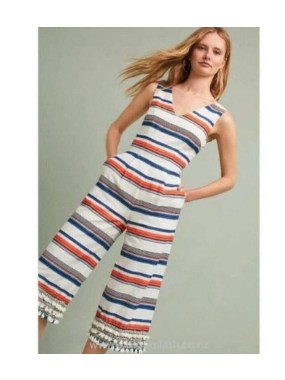 anthropologie Moon River Jumpsuit M Stripe Tassel Waist Tie Vacation Tropical